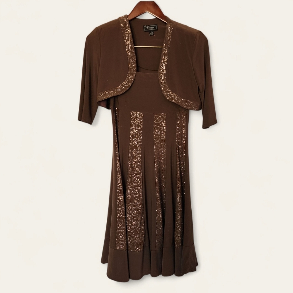 Dressbarn Collection 2 Piece Brown Embellished Dress Set Size‎ 4 Bolero Jacket